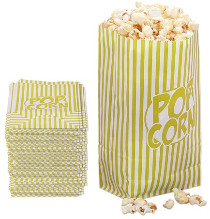 Relaxdays Bolsas de Palomitas, Set de 144, a Rayas, Retro, Cine, Noches de Peli, Papel, Bolsitas Snacks, Amarillo/Blanco
