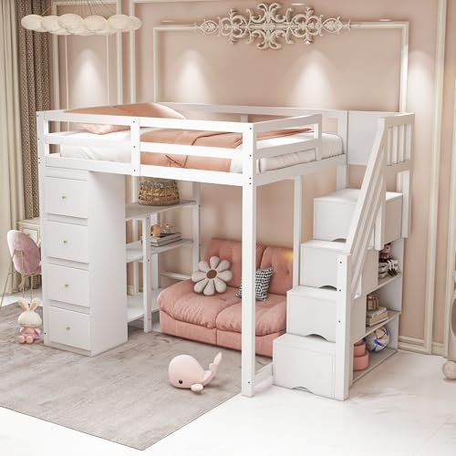Merax Hochbett 140 x 200 cm mit Schublade, multifunktionales Hochbett für 1 Platz mit Aufbewahrungstreppe, weiß (ohne Matratze und Schreibtisch)
