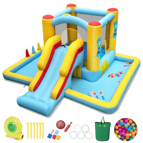 GOPLUS Castillo Hinchable para Niños con Tobogán, Trampolín, Canasta de Baloncesto, Área de Juegos Hinchable para Interior y Exterior, Soplador No Incluido, Parque Hinchable para Niños de 3-10 Años