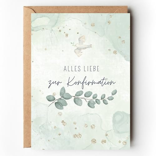 Glückwunschkarte zur Konfirmation Eukalyptus, Konfirmationskarte für Jungen und Mädchen Friedenstaube Aquarell, A6 Karte mit Umschlag für Geld Geschenk Konfirmation Feier (1 Karte mit Umschlag)