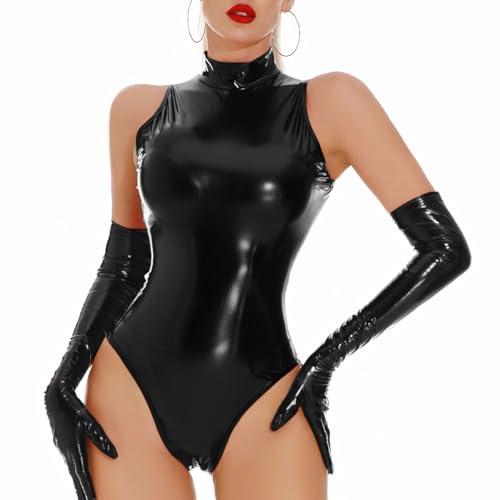 CHILIRIA Body da donna in lattice nero in pelle PU lingerie set sexy effetto bagnato Pvc Catsuits Rave abiti Body Cat Suit, nero, Large