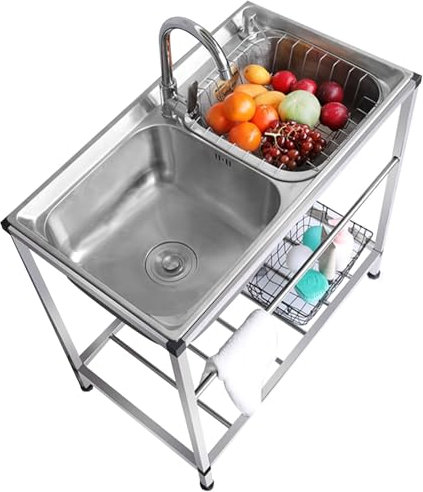 Catering Sink Commercial Stainless Steel Double Bowl Unit with Hot and Cold Tap & Drainer Kitchen Restaurant Sink with Storage Shelf