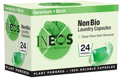 INEOS Non Bio Laundry Washing Capsules, 24 Washes, High Performance Stain Remover For Clothes, Soluble Capsules, Plant Powered, For Sensitive Skin, Geranium + Birch