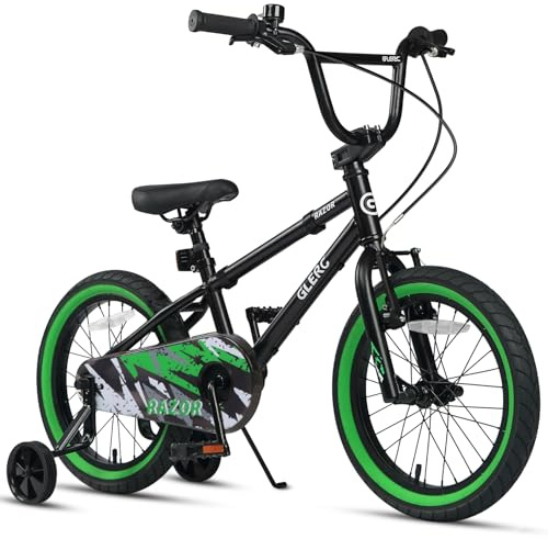 Glerc Razor 16 Inch Kids Bike for 4 5 6 7 Years Old Boys Bicycle with Safety Bell & Removable Stabilisers, Black with Green Tires