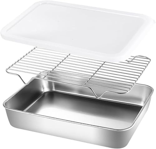 Juego de charola para hornear con estante de alambre y cubierta, charola para hornear de acero inoxidable, resistente a la deformación y fácil de limpiar, para cocinar en horno, hoja de galletas