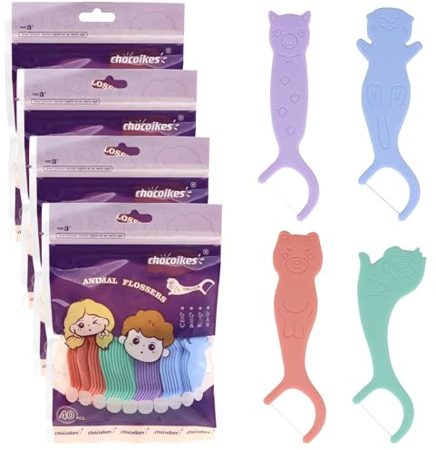 KASURE 160 Piezas Hilos Dentales NiñOs con 4 Asas de Colores en Forma de Animales Marinos Hilo Dental para Espacios Interdentales Estrechos Hilo Dental con Mango Seguro y Divertido para (Ensacado)