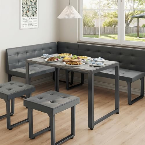 XIAO WEI Corner Dining Table Set for Small Spaces, 70 Inch Breakfast Nook with Storage Banquette, 5 Piece Dining Set with Upholstered Bench, Modern Grey