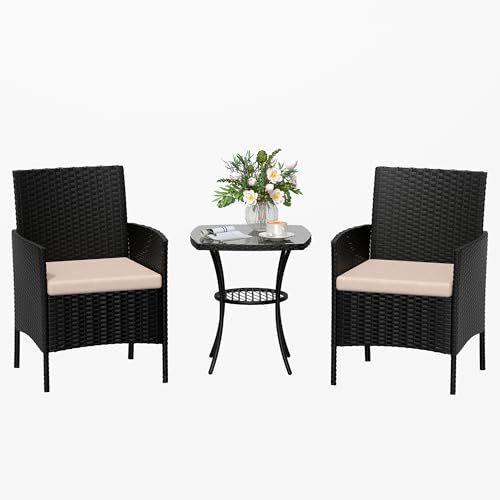 Amopatio Ensemble de meubles de jardin en rotin 3 pièces - Petit salon de jardin extérieur résistant aux intempéries - Table de bistrot avec 2 chaises - Meubles de terrasse pour terrasse, balcon, Noir