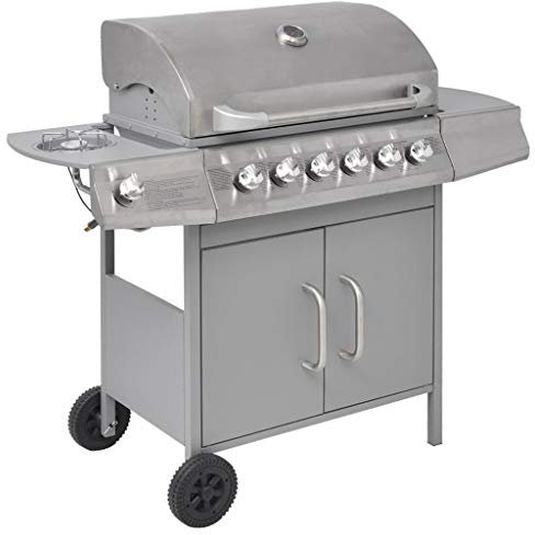 vidaXL Barbacoa Grill de Gas de Acero 6+1 Quemadores con Ruedas Color Plateada