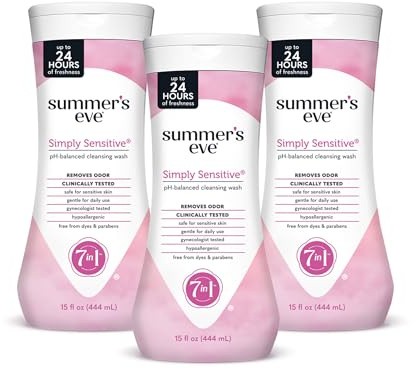 Summer’s Eve Simply Sensitive All-Over Daily Feminine Wash, Gentle pH-Balanced Body Wash for Women, Feminine Care to Remove Vaginal Odor, Gynecologist Tested, 15 Fl Oz, Pack of 3