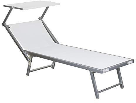 Totò Piccinni LETTINO SALENTO Prendisole Pieghevole in Alluminio con TETTUCCIO mare spiaggia piscina giardino (Bianco)