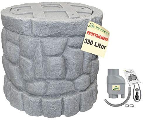 Regentonne sagobrunn 330 l med dropprörfilter T33 FROSTSÄKER regntunna med stabilt lock och kran, vacker och nästan oförstörlig regnförvaring, enligt väggmålning