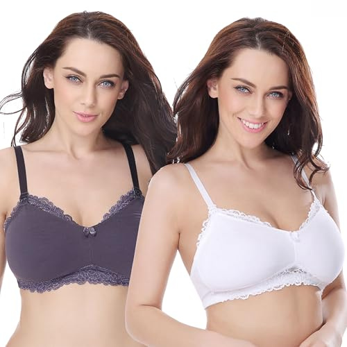Curve Muse - Reggiseno per Allattamento, in Cotone, Senza Ferretto, con Bordo in Pizzo-Confezione da 2-Ardesia, Bianca-4E