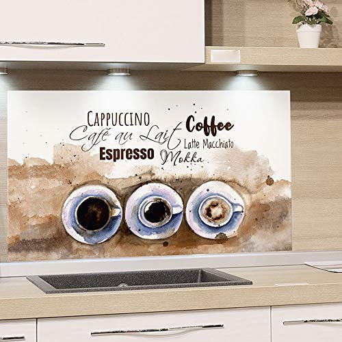 GRAZDesign Spritzschutz Küche Herd, Kaffee Motiv in braun - beige mit Tassen, Küchenrückwand aus Echtglas, Wandschutz Glasbild 4mm ESG Glas / 100x50cm