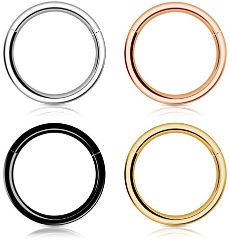 Kucheed 4 Piezas Aro Nasal para Mujer y Hombre, Aretes de Aro para Septum de Acero Quirúrgico 316L con Bisagras 8mm, Anillo Hipoalergénico de Concha Lóbulo Daith HélicePiercings Joyería (16G 8mm)
