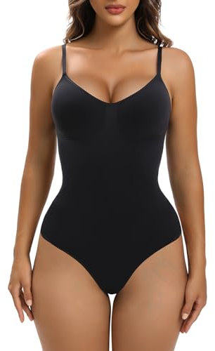 YIANNA Body Shaper Damen Bauchweg Shapewear Tanga Bodysuit Miederbody Stark Formend Shaping Top Schwarz mit Verstellbare Träger 5213 S/M