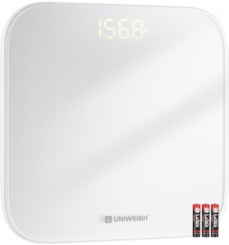 UNIWEIGH Digitale Personenwaage für Körpergewicht, hochpräzise Gewichtswaage bis zu 400lbs/180kg, Körperwaage mit stabilem gehärtetem Glas, LED-Anzeige, Step-on, 3 Einheiten und inkl. Batterien, weiß