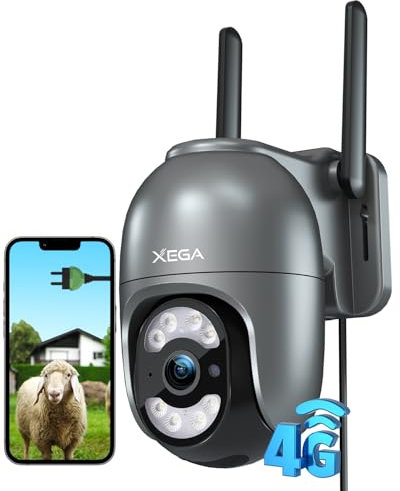 Xega 4G Camara Exterior con Tarjeta SIM, 24/7 Grabación Continua Cámara Vigilancia con Cable, PTZ 355°/100°, Detección Humano Seguimiento Automático Visión Nocturna Luz Sonido Alarma【Carga por Cable】