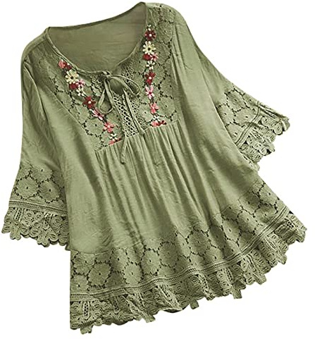 Blouse Femme Chic et élégant Dentelle Chic Sexy Chemise en Coton | à Manche 3/4 Décontracté Blouse Ample à Col V Tunique Pas Cher Grande Taille Laçage Chemise Plissé Blouse de Travail