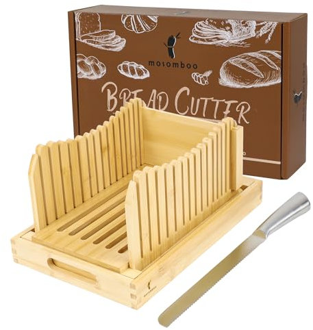 Mosomboo Bamboo Bread Slicer for Homemade Bread with Serrated Knife and Crumb Tray - Foldable and Adjustable Loaf Cutter, 3 Slice Thickness, Bamboo Bread Cutter for Homemade Bread, Cakes, Bagels