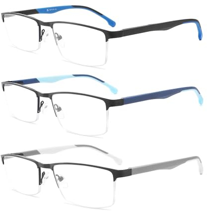 MODFANS 3 Paire de Lunettes de Lecture 2.0 Homme Anti Lumiere Bleue - Monture Rectangle en Metal Acier Inoxydable Lunettes Loupe Bleu/Bleu Clair/Gris