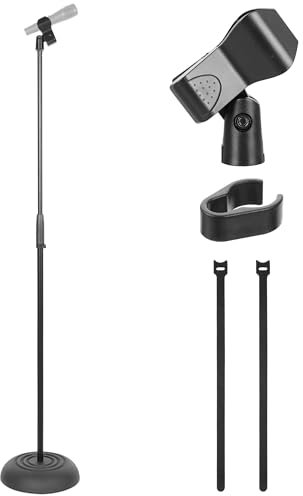 Pyle Adjustable Height Mic Stand, 92cm–162cm Floor Holder with Clip, Rubber Base, Lightweight, Compact, for Studio, Concerts, Universal Microphone Stands, Black