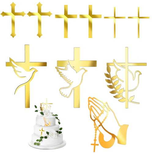 Lot de 10 décorations de gâteau en forme de croix - Colombe dorée - En acrylique - Effet miroir rafraîchissant - Pour mariage, baptême, communion, baptême, fête prénatale