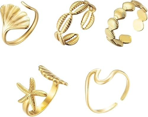 CHONGQILAO 5 Pièces Bague Femme Acier Inoxydable, Bague Coquillage Etoile de Mer, Vintage Bagues pour Femmes, Set de Bague Doré, Etanche Simple Ouverture Bagues Dorées Reglables pour Femmes et Filles