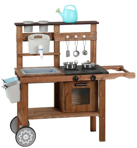 Cocina de barro para niños al aire libre, cocina infantil de madera, cocina de jardín para exteriores con fregadero, tanque de agua, grifo, estufa y olla, juego de cocina, juguete para juegos de rol