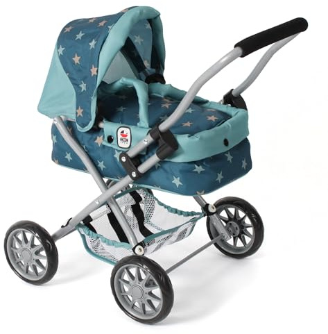 Bayer Chic 2000® Carrozzina per bambole Smarty – stelle turchesi – pieghevole – con tettuccia, borsa, cuscino e coperta – altezza manico 56 cm – per bambini dai 2 anni in su