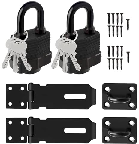 2 Set Loquet Porte Exterieur Cadenas Noir, Serrure à Pêne Dormant en Acier Inoxydable avec Cadenas et Vis, Serrure Portillon Jardin, Cadena Etanche Exterieur, pour Chambre à Coucher Patio Jardin