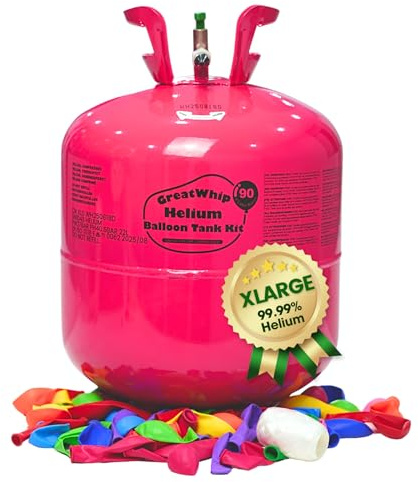 Helium Balloon Canister, Fills 90 x 9 Inch Latex Balloons, GreatWhip Disposable Helium Tank for Balloons, Portable Home Use for Parties, Inc. 50 Latex Balloons and Ribbon