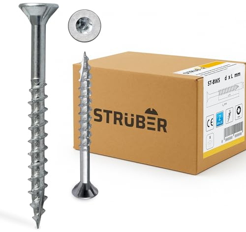 STRÜBER Vis à bois à tête fraisée Torx (6x90 mm / 200 pièces) - Vis universelles pour panneaux de particules, terrasses, toitures - Acier zingué blanc - Embout Torx inclus!