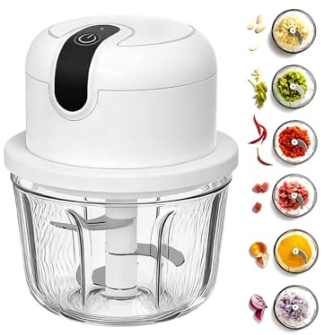MIUUIPI lökstrimlare 350 ml, grönsaksskivare elektrisk med 3 blad av rostfritt stål, USB-laddning, matberedare för lökar, vitlök, grönsaker, frukt, kött, nötter