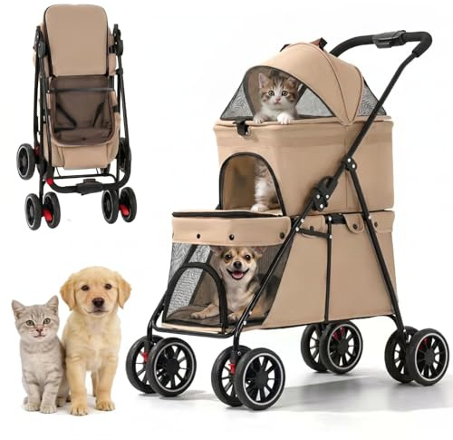 Simanli Double Pet Stroller for Small Cats Dogs Foldable 2 Carriages Portable Puppy Kittens Trolley 4 in 1 Pet Stroller 4 Wheels for Spring Summer Travel Camping Walk with Storage Bag Coffee