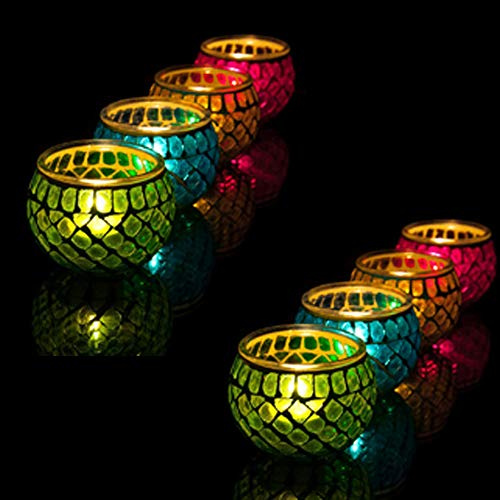 Vintage Jar Mosaic Glass Candle Holders - Romantic Tea Light Candle Holder Home Decoration with Upto 8 Hour Burn (8 Pack)