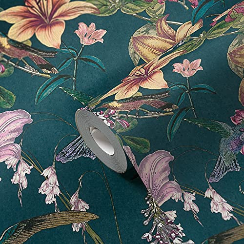 Architects Paper Blumentapete Jungle Chic Vogeltapete PVC-freie Vliestapete blau gelb grün rot schwarz matt glatt 377012 37701-2, 10.05 m x 0.53 m
