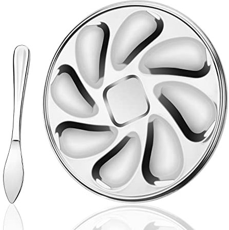 DIYCUT Piatto per Ostriche, Contenitore per Ostriche in Acciaio Inossidabile, con Coltello da Ostriche e 9 Fessure, Vassoio per Ostriche per Posizionare Ostriche, Capesante, Vongole, Salsa di Soia