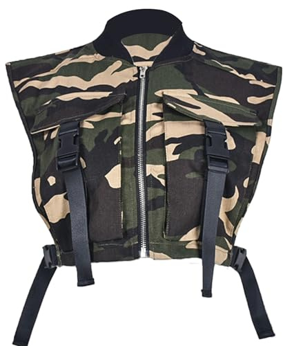 Bnigung Women's Sexy Crop Cargo Vest Sleeveless Buckle Zip Up Vest Jacket Tops Steampunk Streetwear with Pockets(Camo,L)