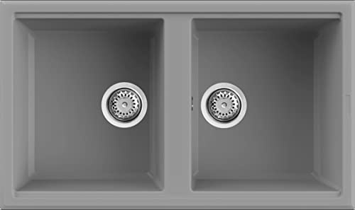 Evhoc Lavello Cucina Sopratop 86x51 cm, 2 Vasche, Lavandino Doppia Vasca in Kuarzite, Piletta Inclusa, Made in Italy, Grigio Cemento, ADHOC M