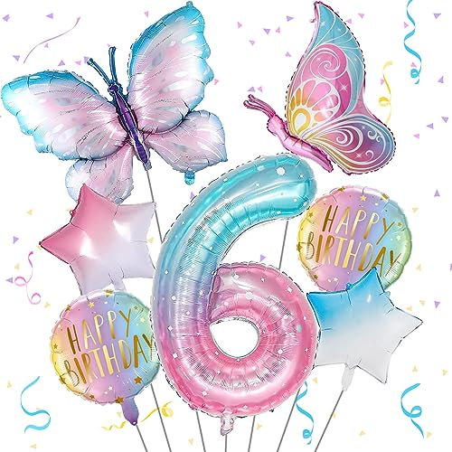 Isndare Butterfly Balloons 6th Birthday Decorations for Girls, Gradient Pink Colorful Foil Balloon, Giant Number 6 Mylar Years Old Theme Party Supplies Decor
