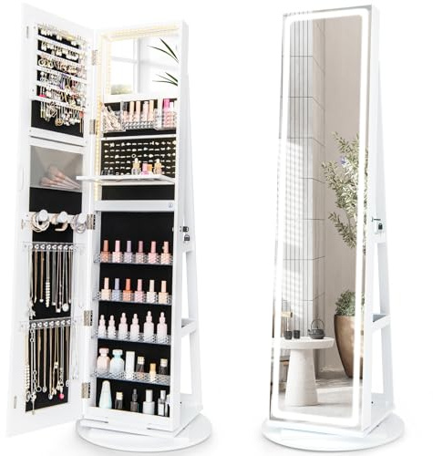 COSTWAY Mobile Portagioie con Specchio a LED, Armadietto Portagioielli Autoportante Girevole, Organizzatore per Gioielli con Chiavi, Mensola Pieghevole (Bianco, 54,5 x 54,5 x 160 cm)
