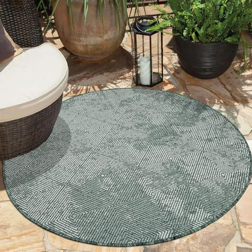 carpet city Outdoor Teppich Wetterfest 120 cm Rund - Grün - Wendeteppich, Beidseitiges Meliertes Rauten-Muster - Balkonteppich Wasserfest Outdoor - Terrassenteppich