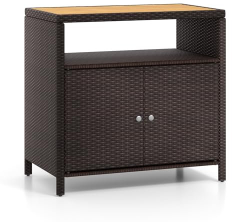 COSTWAY Gartenschrank Rattan, Terrassenschrank mit Akazienholz-Arbeitsplatte, offenem Fach und Doppeltür, Outdoor Aufbewahrungsschrank für Garten, Terrasse, 90 x 53 x 86 cm (Braun)