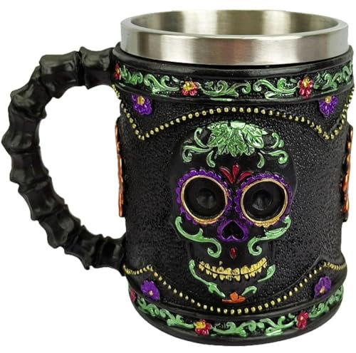 Tsffae Day of the Dead Skull Mug Resin Tankard Funny Skull Wine Goblet Coffee Cups with Stainless Steel Insert Halloween Theme Party Decor