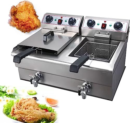 XNXYSMKJ Deep Fat Fryer,Stainless Steel Chip Fryer W/Lids & Oil Basket,Temperature Control W/Silver Lid & Copper Draining Faucet,For Commercial Or Home Uses (10lx2)