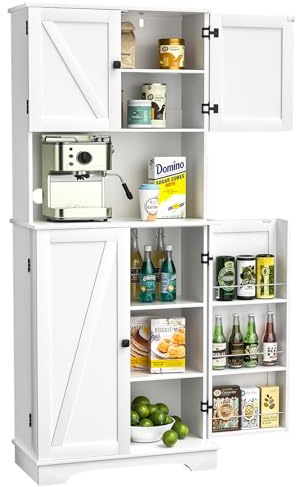 Skokliz 182cm Tall Kitchen Pantry Cupboard, Freestanding Storage Cabinet with 6 Door Shelves and Adjustable Shelves, White Cabinet Buffet Cupboards Sideboard for Kitchen Dining Living Room