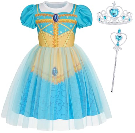 Berich Costume de Princesse Jasmine avec Couronne, Costumes de Princesse pour Filles, Déguisements d'Halloween, Cadeaux de Noël, Robe de Fête Fantaisie Jasmine, 7-8 Ans (Turquoise,140)