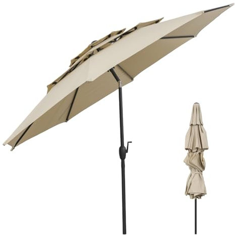 GOPLUS Parasol de Jardin Exterieur, Grand Parasol Inclinable 3M avec 30° Angle Réglable, Protection Solaire, Toit Triplé Ventilé, Manivelle, pour Terrasse, Jardin, Balcon (Beige)