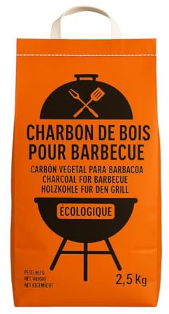 Charbon de Bois Écologique 2,5, 5 ou 10 kg – 100% Naturel, Allumage Rapide, Faible Taux de Fumée – Idéal Barbecue, Grill, Plancha – Fabriqué en Europe – Sac Kraft avec Poignée (2,5 kg)